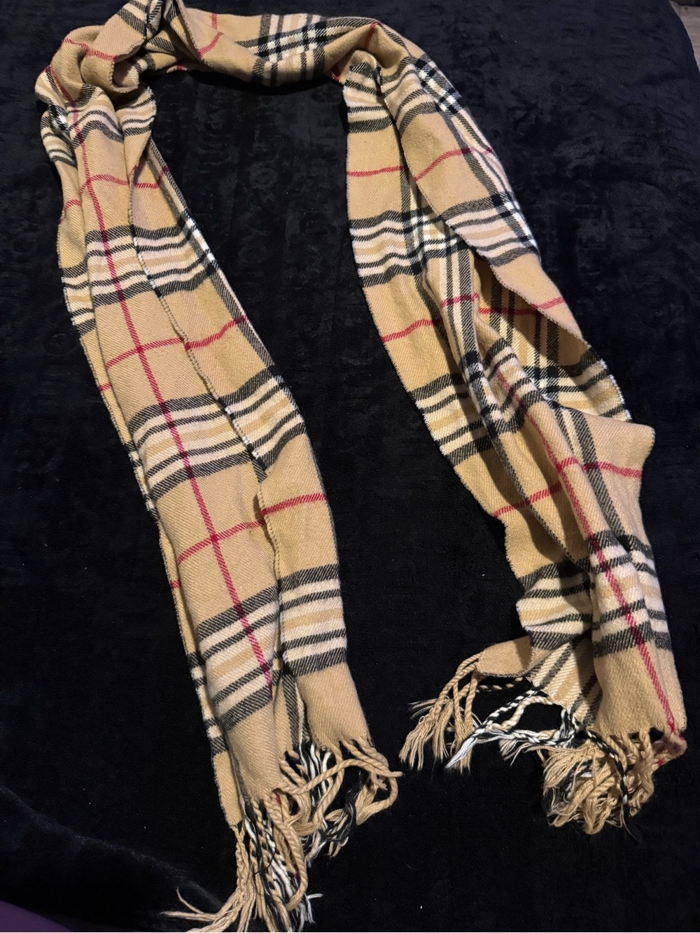 Beige Plaid Fringe Scarf - Classic Check Style